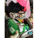 A crate of clothes and bags etc Catalogue only, live bidding available via our website. If you