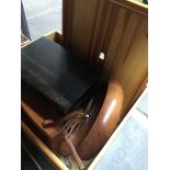 A lidded wooden storage box containing wooden items Catalogue only, live bidding available via our