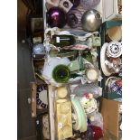 Three metal trays of ceramics, glass and ornaments Catalogue only, live bidding available via our