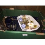 A mixed box of glass and pottery including blue glass etc Catalogue only, live bidding available via
