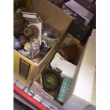 2 boxes of misc ornaments, vases, stainless steel teapot, etc. Catalogue only, live bidding