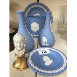 5 pieces Wedgwood blue jasperware including twin handled mug to commemorate diamond jubilee of