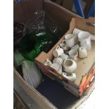 A box of misc assorted items to include glass vases, cased metal goblets, crested china, Paragon