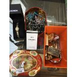 Tin and orange tub of costume jewellery etc. Catalogue only, live bidding available via our website.