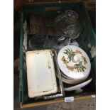 A box of misc pottery, ceramics, glassware and a vintage Tower set of weighing scales. Catalogue