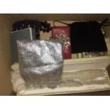 A box with mainly costume jewellery, crowns and manicure set Catalogue only, live bidding