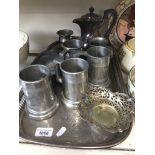 A tray of mixed metalware including Walker & Hall coffee pot, German pewter etc Catalogue only, live