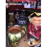 A box of assorted pottery including musical toby jug. Catalogue only, live bidding available via our