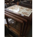 Tile top teak nest of tables Catalogue only, live bidding available via our website. Please note
