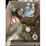 Box of mixed ceramics, brassware, cruet stand, continental figure group, etc Catalogue only, live