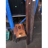 An old wood framed plate camera - no lense + wooden vintage tripod bits and metal frame on