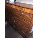 A mahogany scotch chest of drawers with brass swan neck handles on bracket feet Catalogue only, live