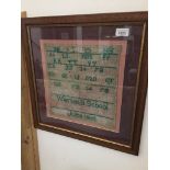 A Victorian sampler, by Alice Moore, Warton B. School, dated June 1893, 30cm x 29cm, framed and