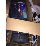 A box of electronic items to include BT Smart Hub, BT viewbox, Polaroid camera, Panoramic camera,