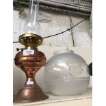 Copper oil lamp with glass shade Catalogue only, live bidding available via our website. Please note