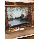 An oil on board, by Elaine Broadley, depicting river scene with church in background, signed lower