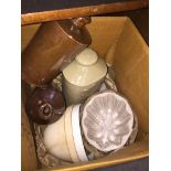 Box with stonware bottles and jelly moulds Catalogue only, live bidding available via our website.