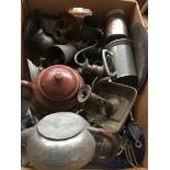 A box of metalware including pewter Catalogue only, live bidding available via our website. Please