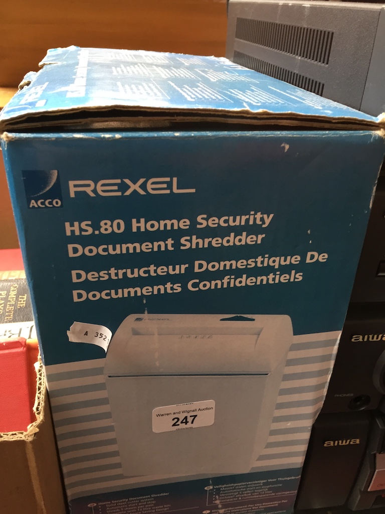 A Rexel paper shredder Catalogue only, live bidding available via our website. Please note we can