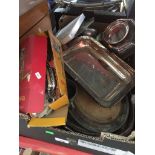 A box of metalware, etc. Catalogue only, live bidding available via our website. Please note we