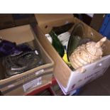 2 boxes of pottery, an iron, crockery, glass, etc. Catalogue only, live bidding available via our