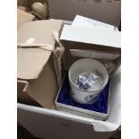A box of boxed items including Royal anniversary glassware and Coalport mugs Catalogue only, live