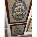 A pair of sailing ship tapestry pictures in mahogany frames, 58cm x 42cm & 62cm x 47cm, both