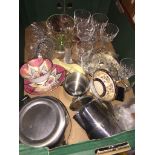 A box of glass, pottery and stainless steel items. Catalogue only, live bidding available via our