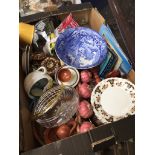 A box of glass, ceramics etc including Spode Catalogue only, live bidding available via our website.