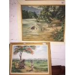 Two African scene oils on board, signed E. Attwood, 29cm x 41cm & 42cm x 53cm, framed. Catalogue