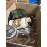 A box of misc; pottery mugs, glasses, three glass caskets etc Catalogue only, live bidding available