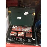 Green vintage vanity case and a boxed glass chess set Catalogue only, live bidding available via our