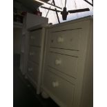 Two white bedside chests of drawers and a white shelf Catalogue only, live bidding available via our