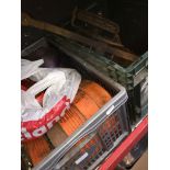 A crate of large ratchet straps and a box with chain lift Catalogue only, live bidding available via