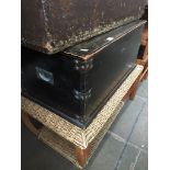 A metal bound stained pine chest of campaign style inset handles. Catalogue only, live bidding