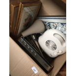 A box of misc to include Philips radio, Philips heater, anglepoise lamp, clock, pictures, etc.