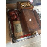Treen inc oak candle box, Sorrento music box, carved ashatt head plaque Catalogue only, live bidding