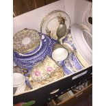 A box of mixed ceramics/teaware including Ironstone blu/white willow pattern, Czech teaware and