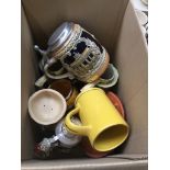 A box of charachter jugs, tankards, German steins Catalogue only, live bidding available via our