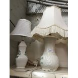 Modern Belleek table lamp and another pottery lamp Catalogue only, live bidding available via our