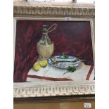 A still life oil on board, indistinctly monogrammed lower left, 39cm x 49cm, framed. Catalogue only,