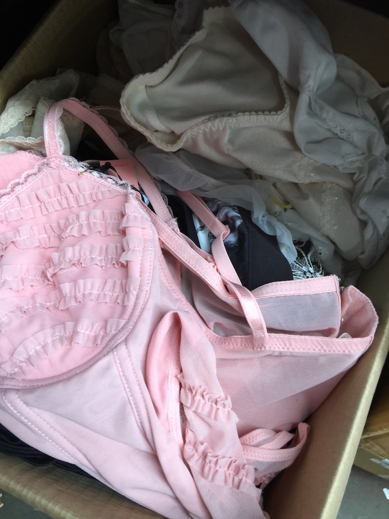 A box of ladies lingerie to include corset set, etc. Catalogue only, live bidding available via