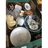 A box of glass, ceramics etc including pair of Krosno candlesticks Catalogue only, live bidding