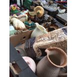 Two boxes of assorted pottery, vases, jugs, ornaments etc Catalogue only, live bidding available via