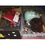2 boxes of bric a brac including fishing reel Catalogue only, live bidding available via our