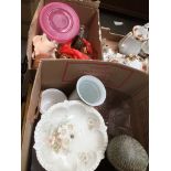 Two boxes of mixed brassware, money bank, port glasses, large shells and pottery Catalogue only,