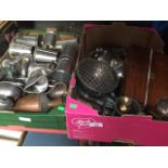 Two boxes of metal ware, pewter and plated Catalogue only, live bidding available via our website.