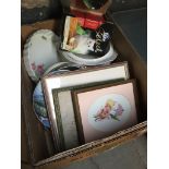 A box of assorted pottery and pictures Catalogue only, live bidding available via our website.