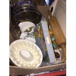 A box of vintage kitchen items including jelly mould etc Catalogue only, live bidding available