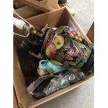 A box of misc pottery, table lamp, empty bottles, etc. Catalogue only, live bidding available via